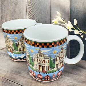 Sakura Stoneware Debbie Mumm Haunted House Halloween Mug Cup Set 2 Mugs Cups VTG